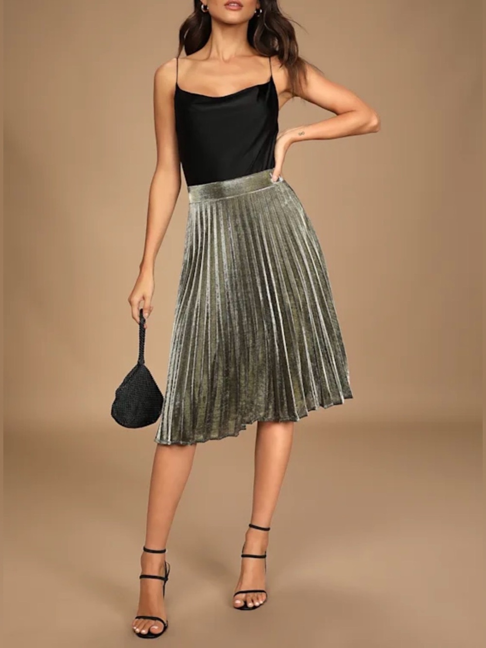 Lulu's Midi Skirt Star Shine Gold Pleated Black Medium